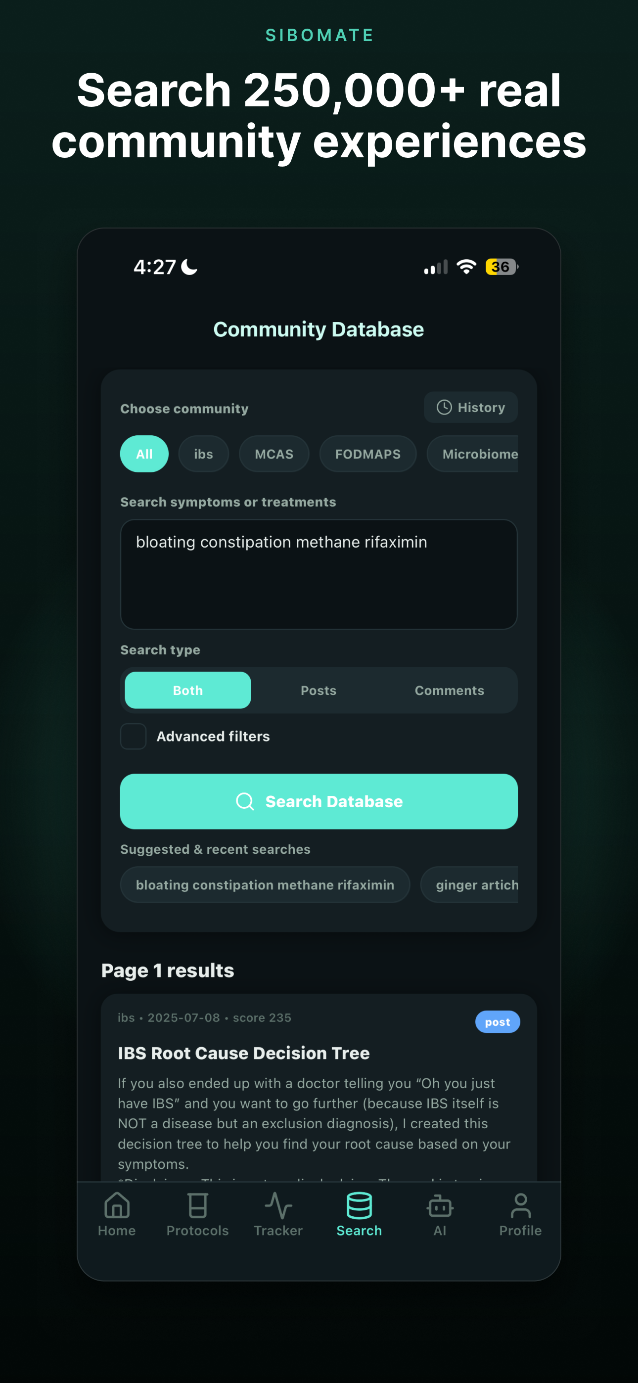 SiboMate research database screen