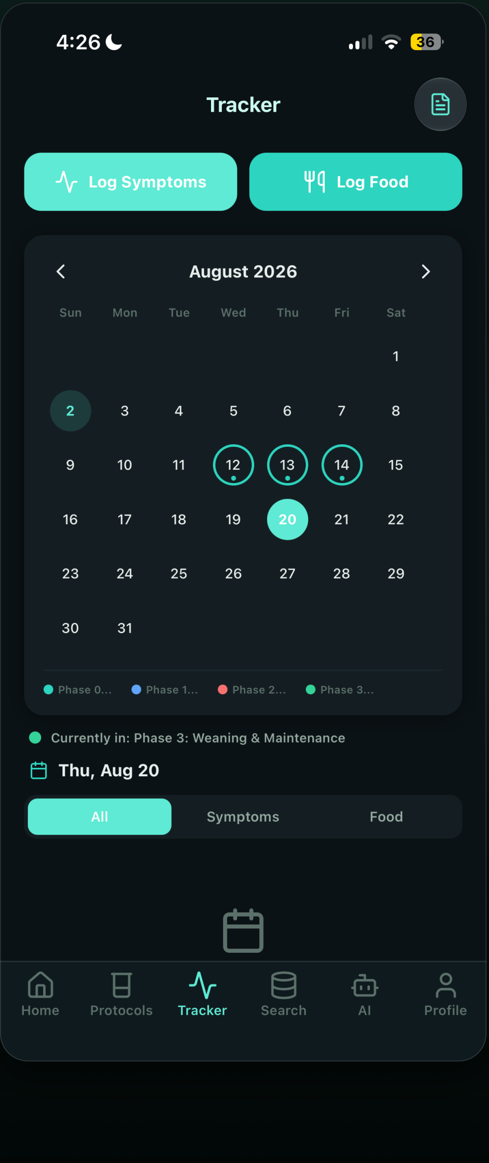 SiboMate symptom tracker screen