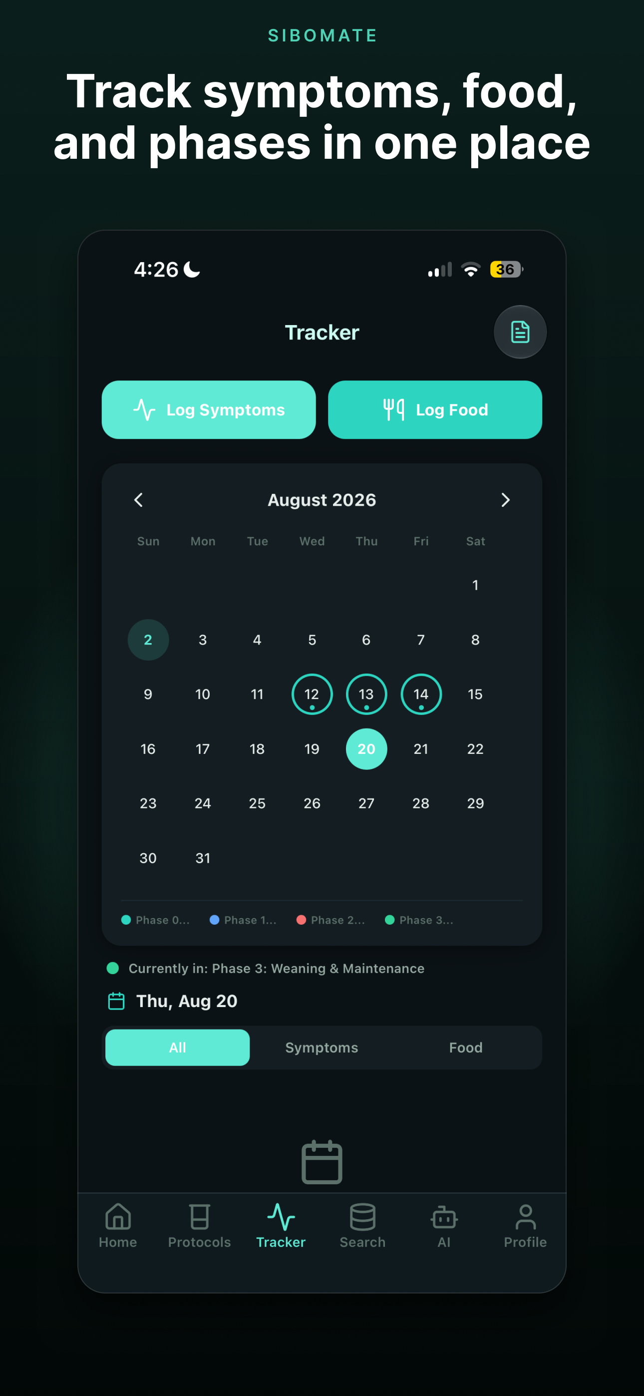 SiboMate symptom tracker screen